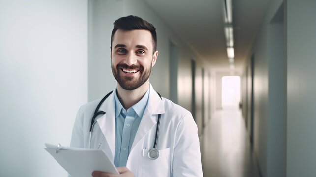 Hospital. Health care. Portrait of young smiling 30-year-old bearded caucasian man doctor wearing white medical coat with stethoscope around his neck, looking at camera. Hospital Generative AI