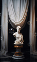 Classical still life with a marble bust and velvet curtains, created with generative AI technology