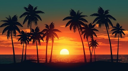 Plakat sunset on the sea beach with coconut trees in the background. Generative AI