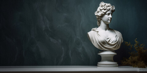 Classical still life with a marble bust and velvet curtains, created with generative AI technology
