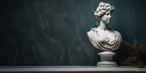 Fototapeta premium Classical still life with a marble bust and velvet curtains, created with generative AI technology