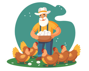 An elderly man farmer with chickens holds a bowl of eggs in his hands. Vector illustration