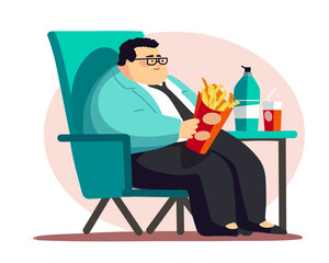 Fat man sitting with a pack of french fries and sweet water, overeating problem, doodle vector illustration
