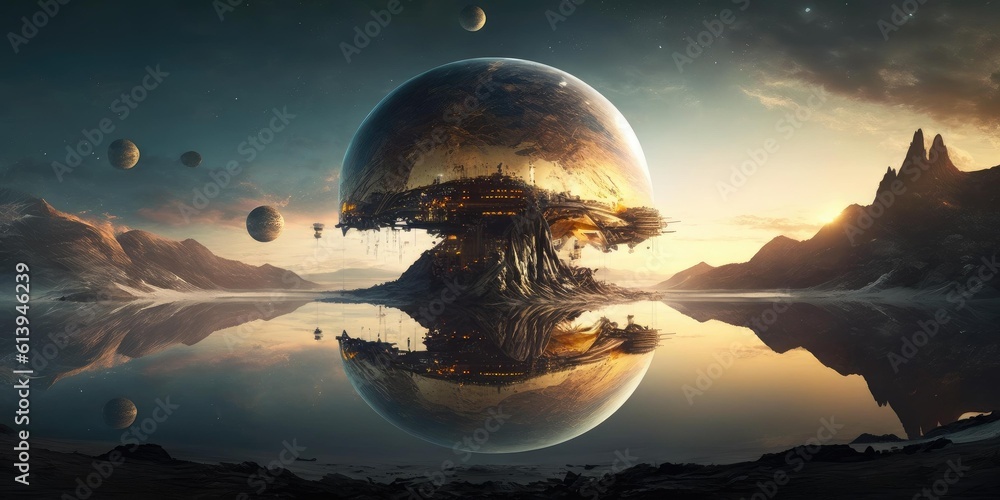 Wall mural outer planet landscape with from sci fi novel. superlative generative ai image.