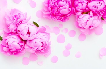 Tender peonies concept. Top view photo of empty space with bunch of bright pink and white peony flowers with small confetti hearts on isolated pastel pink background with copy-space, generative ai