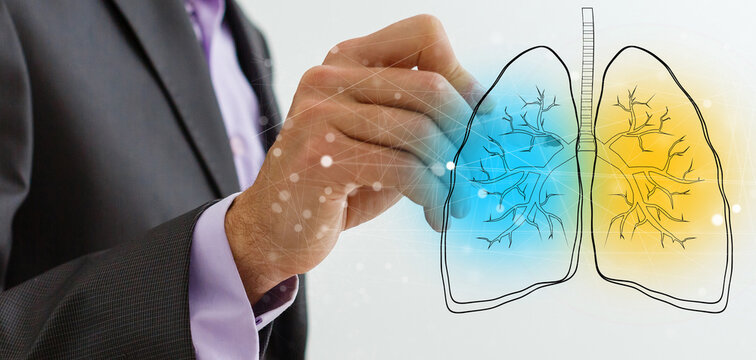 Close Up Of Female Doctor Holding Tablet With Abstract Glowing Lung Interface With Virus Outline On Dark Background. Medicine, Pandemic And Healthcare Concept. Double Exposure