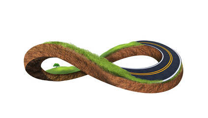 3D illustration of earth globe shape 3D highway design (city road, desert road, forest road and snowy road) included. creative concept design isolated with clouds. car ads. (compound path added).