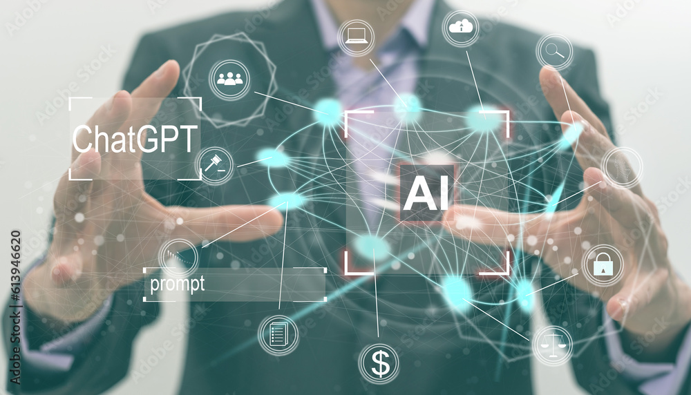 Poster artificial intelligence ai . two hand holding virtual holographic artificial intelligence icon with 