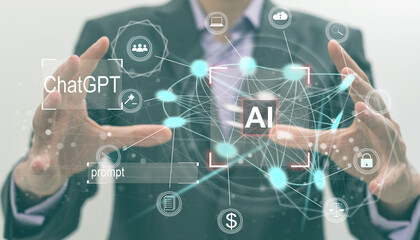 Artificial intelligence AI . Two hand holding virtual holographic Artificial intelligence icon with light blurred background. Data mining technology on a virtual panel