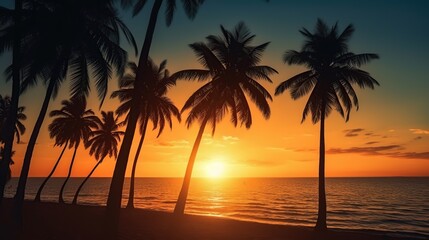 Naklejka na ściany i meble sunset on the sea beach with coconut trees in the background. Generative AI