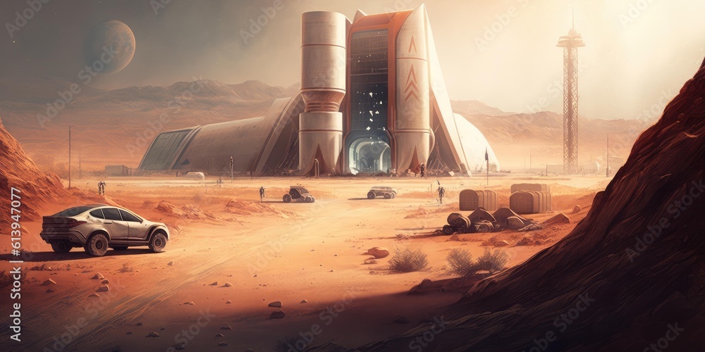 Poster futuristic building habitat on mars settlement from sci-fi novel. superlative generative ai image.