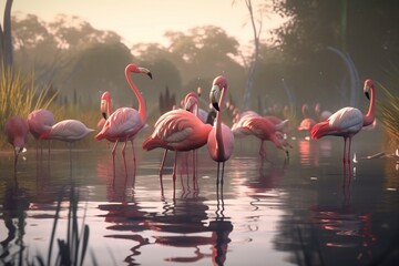 A detailed illustration of a group of birds, such as flamingos or pelicans, in a beautiful and tranquil natural environment, Generative AI