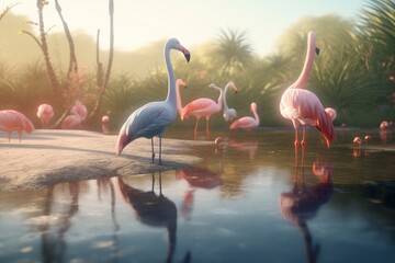 A detailed illustration of a group of birds, such as flamingos or pelicans, in a beautiful and tranquil natural environment, Generative AI