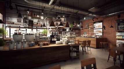 Interior of a modern loft style coffee shop. Decorated walls, wooden bar counter, tables and chairs, hanging lamps and open shelves, huge windows. Modern hipster lifestyle concept. Generative AI