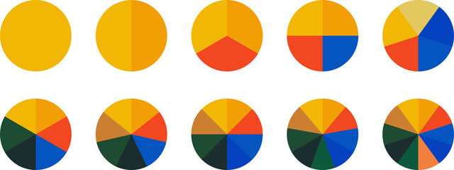 Circle pie chart icons. Colorful diagram collection with 2,3,4,5,6 sections. PNG