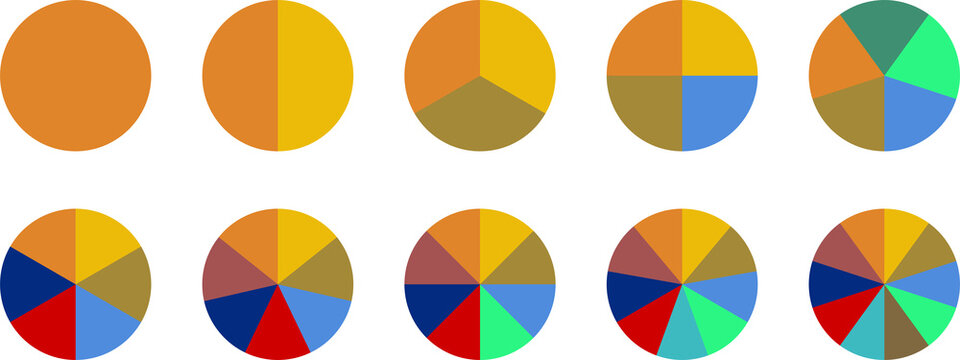 Circle Pie Chart Icons. Colorful Diagram With 10 Sections. PNG