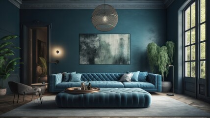Modern cozy living room in blue and gray tones. Stylish comfortable sofa, ottoman and armchair, parquet floor and vintage carpet, pendant lights, plants in floor pots, poster, panoramic Generative AI