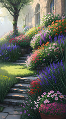 Vintage garden park environment with assortment colorful flowers. 3D Realistic. 3D Illustration. Fantasy garden. Digital art