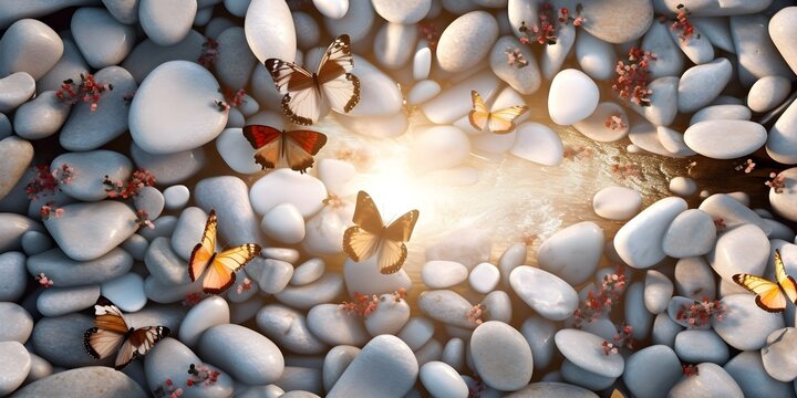 "Whimsical Serenity: Butterflies Dancing on Pebbles" | Background Design | Generative AI Artwork
