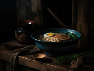 Hot delicious Japanese ramen noodles with egg. Generative AI