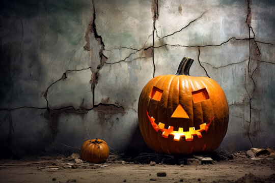 Evil Jack O Lantern Smiling Face  sitting on a stone wall. Halloween evil pumpkin background