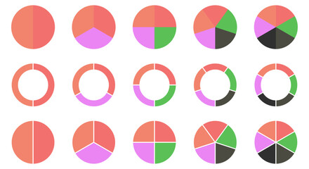 Set of circle pie chart signs. Colorful diagram collection with 2,3,4,5,6 sections. Design for web and mobile app