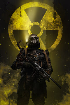 Post-apocalyptic soldier stands against yellow nuclear protection sign, holding a conceptual rifle and wearing unique anti-nuclear armor designed to protect against the dangers of a nuclear wasteland