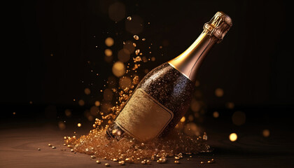 champagne bottle and glass with sparkles. generative AI
