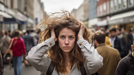 young adult woman or teenager girl, thinks and seems confused or shocked or sad, scared or frightened, in a crowded shopping street in a city, fictional place