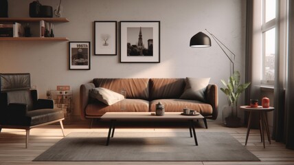 Interior of modern cozy living room. Stylish sofa with pillows, armchair, coffee table, plant in a floor pot, posters on the wall, carpet on a wooden floor, floor lamp, modern home Generative AI