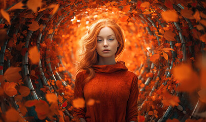 Red-haired woman surrounded by autumn leaves. Created using generative AI tools