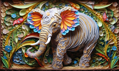 Naklejka premium Quilled elephant in the jungle. Created using generative AI tools