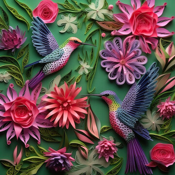 Quilled hummingbirds in flowering thicket. Created using generative AI tools