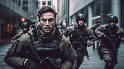 Fototapeta premium young men run hurriedly down a narrow street, with machine guns, in soldier's uniform, special unit or professional soldiers, between shops and buildings, fictitious place