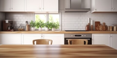 Fototapeta premium Kitchen room in Spacious Home. Wooden tabletop in a modern interior