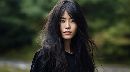 Naklejka premium young adult woman outdoors in park or garden in front of a city, dark hair, asian appearance, brunette, friendly sympathetic, worried facial expression, thoughtful grumped, fictional location