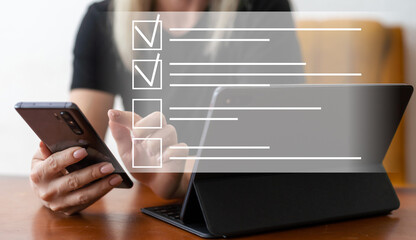 Businesswoman using laptop Enterprise Resource Planning ERP, document management concept with icons...