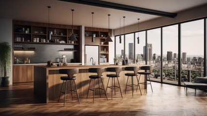 Fototapeta na wymiar Modern loft kitchen with breakfast bar in an urban luxury apartment. Wooden floor, wooden bar counter with bar stools, open shelves, plant in a floor pot, panoramic windows with city Generative AI