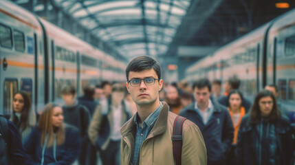 young adult man at the crowded train station, rush busy crowd, queue, arrival or departure, fictional place