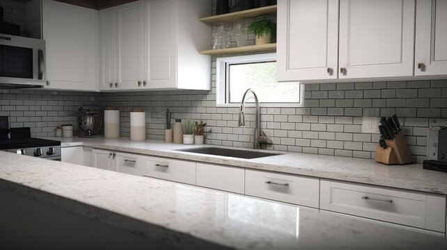 Modern white Scandinavian style kitchen in a city apartment or country house. White fasades, imitation brick wall made of white tiles, modern stainless steel kitchen appliances. Generative AI