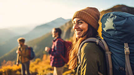 Fototapeta premium young adult woman, hiking or mountaineering, backpack, backpacker, traveling with friends, group trip, caucasian, smiling happy, fictional location