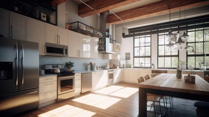 Spacious loft style kitchen with dining area. White facades, open shelves, large wooden table, modern kitchen appliances, wooden floor, wooden ceiling with beams, green plants, panoramic Generative AI