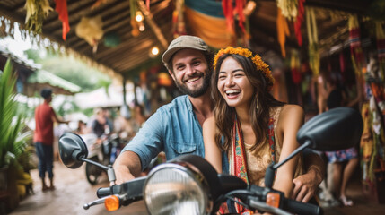 young adult woman and man as couple or friends, tourist with motorbike scooter, vacation, fictional location - obrazy, fototapety, plakaty