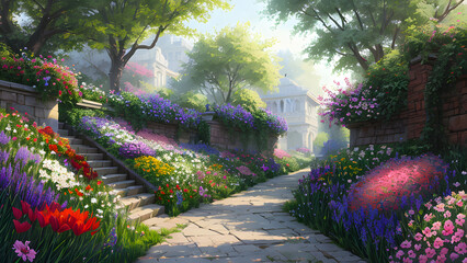 Obraz premium Vintage garden park environment with assortment colorful flowers. 3D Realistic. 3D Illustration. Fantasy garden. Digital art