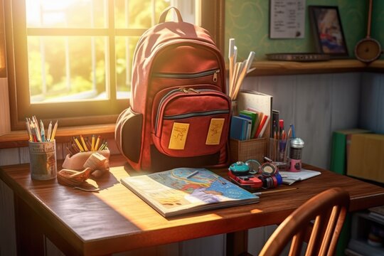 Backpack and school supplies on the school desk. Generative AI