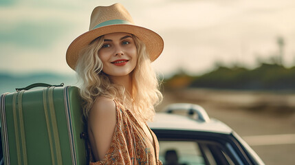 young adult woman wearing sun hat and summer dress, in summer, by vehicle car, road trip or event or festival, parking, summer vacation travel by car