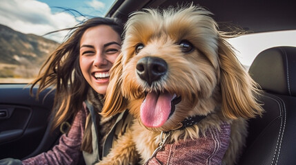 a dog is in the back seat of the car, young adult woman laughing, driving a car, driving a car