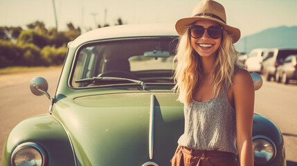 Naklejka premium young adult woman wearing sun hat and summer dress, in summer, by vehicle car, road trip or event or festival, parking, summer vacation travel by car