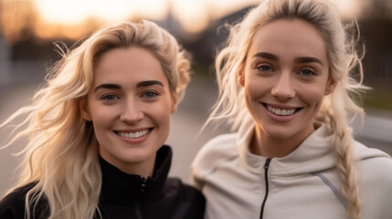 Obraz premium young adult woman and her best friend jogging together down the streets in a residential area, rural, small town or village, sport and running, fictional location