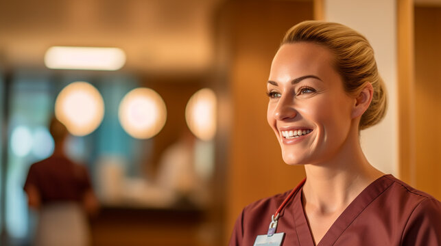 young adult woman is nurse or masseuse or male nurse, blue work clothes, caucasian, work colleagues in background, spa studio or fictional